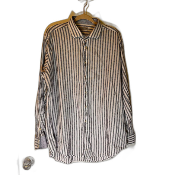 Jack Stone by Thomas Dean Other - Jack Stone Men's Business Casual White/Blue/Taupe Stripe Lng Sleeve Shirt SZ XL